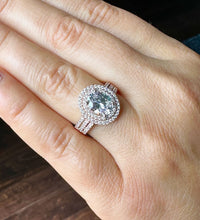 Load image into Gallery viewer, Oval Cut Moissanite and Round Cvd Diamond Engagement Ring Double Halo 14k Solid Rose Gold Wedding Ring Triple Shank Bridal Ring 2.70ctw
