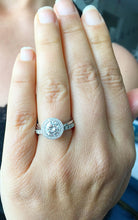 Load image into Gallery viewer, Round Cut Moissanite And Natural Round Cut Sides Diamonds Engagement Ring And Matching Band Halo Bridal Set In 14k Solid White Gold 2.20ctw
