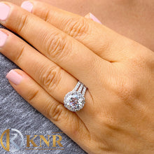 Load image into Gallery viewer, Round Cut Moissanite and Cvd Side Diamonds Engagement Ring Triple shank style 14k Solid White Gold Halo Design Bridal Wedding Ring 4.20

