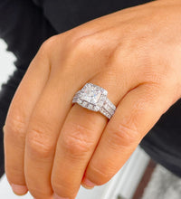 Load image into Gallery viewer, Princess Cut Moissanite And Round And Princess Cut Sides Engagement Ring 14k Solid And Heavy White Gold Halo Style Wedding Bridal Ring 3.20
