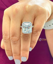 Load image into Gallery viewer, Huge Radiant Cut Moissanite and Round Cut Sides Engagement Ring Halo Prong Set Wedding Ring Halo Bridal Ring 14K Solid White Gold 10.70ctw
