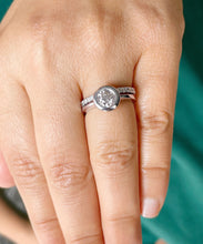 Load image into Gallery viewer, Round Cut Moissanite Engagement Ring And Matching Band Bezel Set Halo Style Bridal Ring 14k Solid White Gold Wedding Ring For Her 1.40ctw
