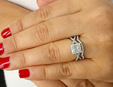 Load image into Gallery viewer, Princess Shape Moissanite And Round Cut Sides Natural Diamonds Engagement Ring And Matching Band Halo Style In 14K Solid White Gold 1.75ctw
