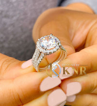 Load image into Gallery viewer, Round Cut Moissanite Engagement Ring Halo Style Set In Triple shank style Bridal Ring 14k Solid White Gold Women's Wedding Ring 4.20ctw
