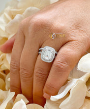 Load image into Gallery viewer, Emerald Cut Moissanite And Round Cut Sides Engagement Ring And Matching Band Double Halo Set In 14k Solid White Gold Wedding Ring 3.50ctw
