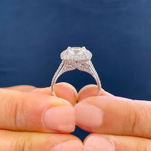 Load image into Gallery viewer, Cushion Cut Moissanite and Round Cut Sides Engagement Ring Set In 14k Solid White Gold Double Halo Wedding Ring Split Shank Bridal Ring 3.40
