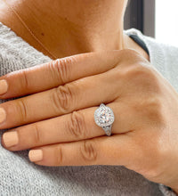 Load image into Gallery viewer, Round Cut Moissanite And Cvd Round And Baguettes Diamonds Engagement Ring 14k Solid Heavy White Gold Bridal Halo Antique Style 2.70ctw
