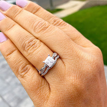 Load image into Gallery viewer, Princess Cut Moissanite And Round Cut Sides Engagement Ring And Matching Band 14k Solid White Gold Bridal Set Wedding Ring And Band 1.55ctw
