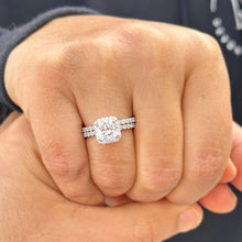 Load image into Gallery viewer, Cushion Cut Moissanite and Round Cut Sides Engagement Ring And Matching Band 14k Solid White Gold Halo Style Wedding Set Bridal Set 4.00ctw
