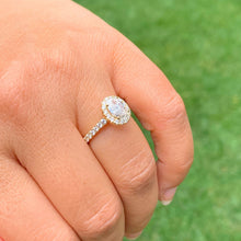 Load image into Gallery viewer, Oval Cut Moissanite and Round Sides Engagement Ring 14k Solid Yellow Gold Wedding Ring Halo Design Bridal Propose Ring Prong Set 1.50ctw
