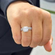 Load image into Gallery viewer, Cushion Cut Moissanite and Round Cut Sides Engagement Ring And Matching Band 14k Solid White Gold Halo Style Wedding Set Bridal Set 4.00ctw
