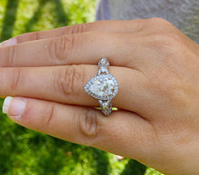 Load image into Gallery viewer, Pear Shape Moissanite And Round Cut Sides Engagement Ring In 14k Solid White Gold Wedding Ring Antique style Bridal Ring Halo Style 2.70ctw
