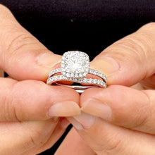 Load image into Gallery viewer, Cushion Cut Moissanite and Round Cut Sides Engagement Ring And Curved Matching Band 14k Solid White Gold Halo Style Wedding Bridal Set 3.00
