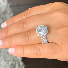 Load image into Gallery viewer, Cushion Cut Moissanite And Round Cut Sides Engagement Ring And Two Matching Bands Bridal Set 14k Solid White Gold Halo Wedding Set 7.00ctw
