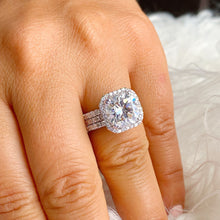 Load image into Gallery viewer, Cushion Cut Moissanite And Round Cut Sides Engagement Ring And Two Matching Bands Bridal Set 14k Solid White Gold Halo Wedding Set 7.00ctw
