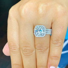 Load image into Gallery viewer, Cushion Cut Moissanite And Round Cut Sides Engagement Ring And Two Matching Bands Bridal Set 14k Solid White Gold Halo Wedding Set 7.00ctw
