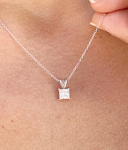 Load image into Gallery viewer, Solitaire Necklace And Chain Delicate Pendant Princess Cut Moissanite Prong Set Minimalist Dainty Pendant For Her 14k Solid White Gold 1.00
