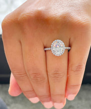 Load image into Gallery viewer, Oval Shape Moissanite Center and Round Cut Sides Women's Engagement Ring Halo Style 14k Solid White Gold Wedding Bridal Ring For Her 3.70ctw
