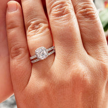 Load image into Gallery viewer, Cushion Cut Moissanite and Round Cut Sides Engagement Ring And Matching Band In 14K Solid White Gold Wedding Ring Halo Bridal Ring 1.75ctw
