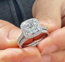 Load image into Gallery viewer, Cushion Cut Moissanite And Round Cut Sides Engagement Ring And Band 14k Solid White Solid Gold Bezel Set Wedding Set Filigree Style 3.750ctw

