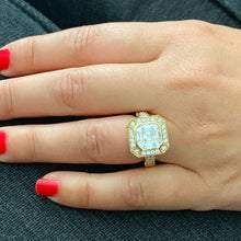 Load image into Gallery viewer, Asscher Cut Moissanite and Round Cut Sides Bezel Set Engagement Ring Halo Filigree Set In 14k Solid and Heavy Yellow Gold Bridal Ring 4.60ct
