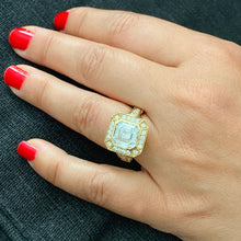 Load image into Gallery viewer, Asscher Cut Moissanite and Round Cut CVD Diamonds Bezel Engagement Ring Halo Ring For Her Filigree 14k Solid and Heavy Yellow Gold 4.60
