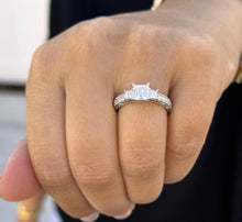 Load image into Gallery viewer, Princess Cut Moissanite And Round Cut Sides Engagement Ring Antique Style Wedding Bridal Ring Three Stone Style In 14k Solid White Gold 1.60
