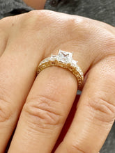 Load image into Gallery viewer, Princess Cut Moissanite And Round Cut Engagement Ring Antique Style In 14k Solid Yellow Gold Wedding Ring Three Stone Style Bridal Ring 1.60
