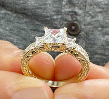 Load image into Gallery viewer, Princess Cut Moissanite And Round Cut Engagement Ring Antique Style In 14k Solid Yellow Gold Wedding Ring Three Stone Style Bridal Ring 1.60
