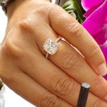 Load image into Gallery viewer, Cushion Cut Moissanite Center And Round Cut Natural Diamond Sides Engagement Ring 14k Solid Yellow Gold Halo Style Bridal Wedding Ring 2.50
