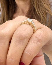 Load image into Gallery viewer, Princess Cut Moissanite And Round Cut Sides Engagement Ring Antique Style 14k Solid Yellow Gold Wedding Bridal Ring Three Stone Style 1.60ct
