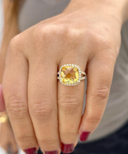 Load image into Gallery viewer, Cushion Cut Yellow Citrine and Round Cut Sides Natural Diamond Ring Split Shank halo Style Ring 14K Solid Yellow Gold Righ Hand Ring 5.70ctw
