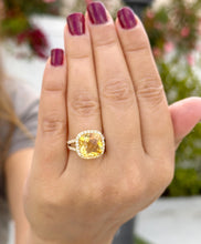Load image into Gallery viewer, Cushion Cut Yellow Citrine and Round Cut Sides Natural Diamond Ring Split Shank halo Style Ring 14K Solid Yellow Gold Righ Hand Ring 5.70ctw
