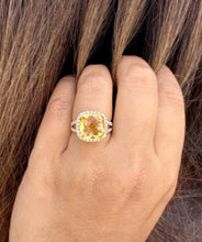 Load image into Gallery viewer, Cushion Cut Yellow Citrine and Round Cut Sides Natural Diamond Ring Split Shank halo Style Ring 14K Solid Yellow Gold Righ Hand Ring 5.70ctw
