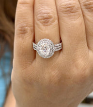 Load image into Gallery viewer, Oval Shape Moissanite and Round Cut Sides Engagement Ring Double Halo Wedding Ring Triple Shank 14k Solid White Gold Bridal Ring 2.40ctw
