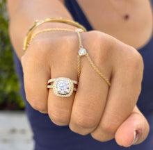 Load image into Gallery viewer, Cushion Cut Moissanite And Round Cut Sides Engagement Ring And Band 14k Solid Yellow Solid Gold Bezel Set Wedding Set Filigree Style 3.60ctw
