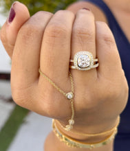 Load image into Gallery viewer, Cushion Cut Moissanite And Round Cut Sides Engagement Ring And Band 14k Solid Yellow Solid Gold Bezel Set Wedding Set Filigree Style 3.60ctw
