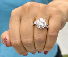 Load image into Gallery viewer, Oval Shape Moissanite and Round Cut Sides Engagement Ring Double Halo Wedding Ring Triple Shank 14k Solid White Gold Bridal Ring 2.40ctw

