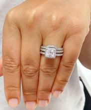 Load image into Gallery viewer, Princess Cut Moissanite And Round Cut Sides Engagement Ring And Matching Band 14K Solid And Heavy White Gold Halo Bridal Wedding Set 2.50ctw
