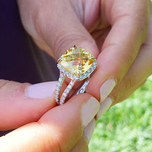 Load image into Gallery viewer, Cushion Cut Yellow Citrine And Natural Round Cut Sides Diamond Engagement Ring 14k Solid White Gold Bridal Ring Halo Style Wedding Ring 5.80
