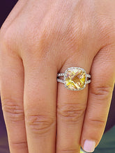 Load image into Gallery viewer, Cushion Cut Yellow Citrine And Natural Round Cut Sides Diamond Engagement Ring 14k Solid White Gold Bridal Ring Halo Style Wedding Ring 5.80
