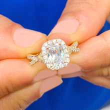Load image into Gallery viewer, Cushion Cut Moissanite And Round cvd Diamond Sides Engagement Ring 14k Solid Yellow Gold Bridal Wedding Ring Twisted Shank Halo 2.25ctw
