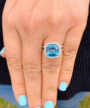 Load image into Gallery viewer, Cushion Cut Blue Topaz And CVD Diamonds Engagement Ring Set In 14k Solid White Gold Wedding Anniversary Ring Halo Style Bridal Ring 4.70ctw
