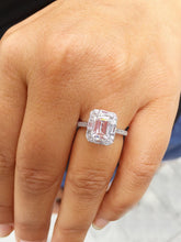 Load image into Gallery viewer, Emerald Cut Moissanite And CVD Round And Baguettes Diamond Sides Engagement Ring 14k Solid White Gold Deco Style Halo Wedding Ring 2.45ctw
