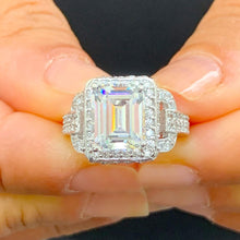 Load image into Gallery viewer, Emerald Cut Moissanite And Round Cut Sides Engagement Ring Set In 14k Solid White Gold Wedding Ring Halo Split Shank Style Bridal Ring 4.00
