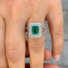 Load image into Gallery viewer, 14k Solid White Gold Simulated Green Emerald And CVD Round Cut Diamonds Ring Split Shank Wedding Ring Double Halo Bridal Engagement 2.80ctw
