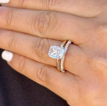 Load image into Gallery viewer, Cushion Center Moissanite And Round And Baguettes Cut Sides Engagement Ring And Matching Band 14k Solid Yellow Gold Bridal Wedding Set 3.30
