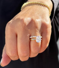 Load image into Gallery viewer, Cushion Center Moissanite And Round And Baguettes Cut Sides Engagement Ring And Matching Band 14k Solid Yellow Gold Bridal Wedding Set 3.30
