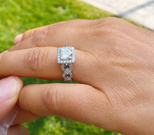 Load image into Gallery viewer, Round Cut Moissanite And Cvd Diamonds And Sapphire Sides Engagement Ring 14K Solid White Gold Bridal Ring Halo Wedding Propose Ring 2.00
