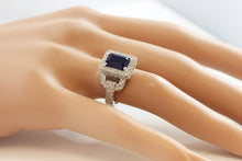 Load image into Gallery viewer, 14k solid white gold natural emerald cut sapphire ring and natural round cut diamonds ring art deco antique halo wedding ring 4.90ctw
